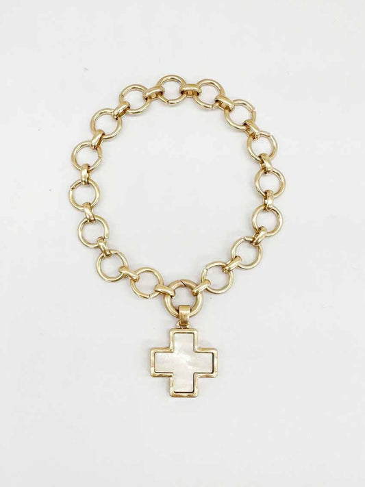 Worn Gold Open Circle with White and Gold Cross Charm Bracelet