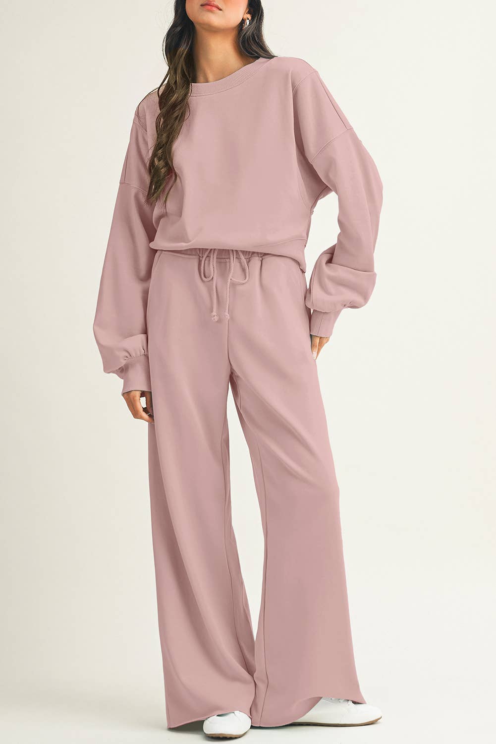 Drop Shoulder Pullover Drawstring Wide Leg Pants Set