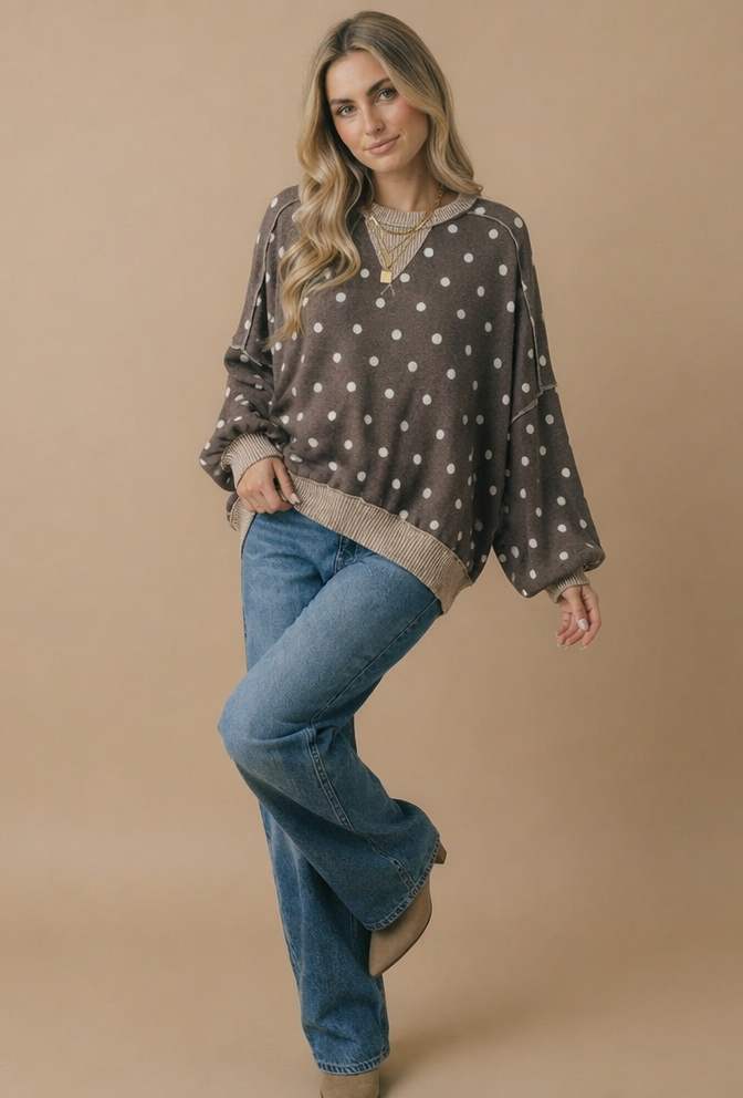 Plus Crew Neck Polka Dot Reverse Stitch Pullover