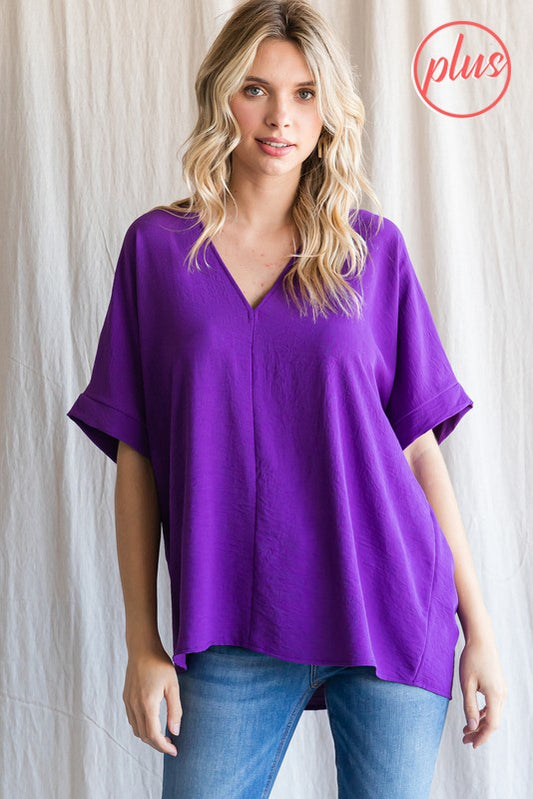 Plus Size Solid V-neck Boxy Top