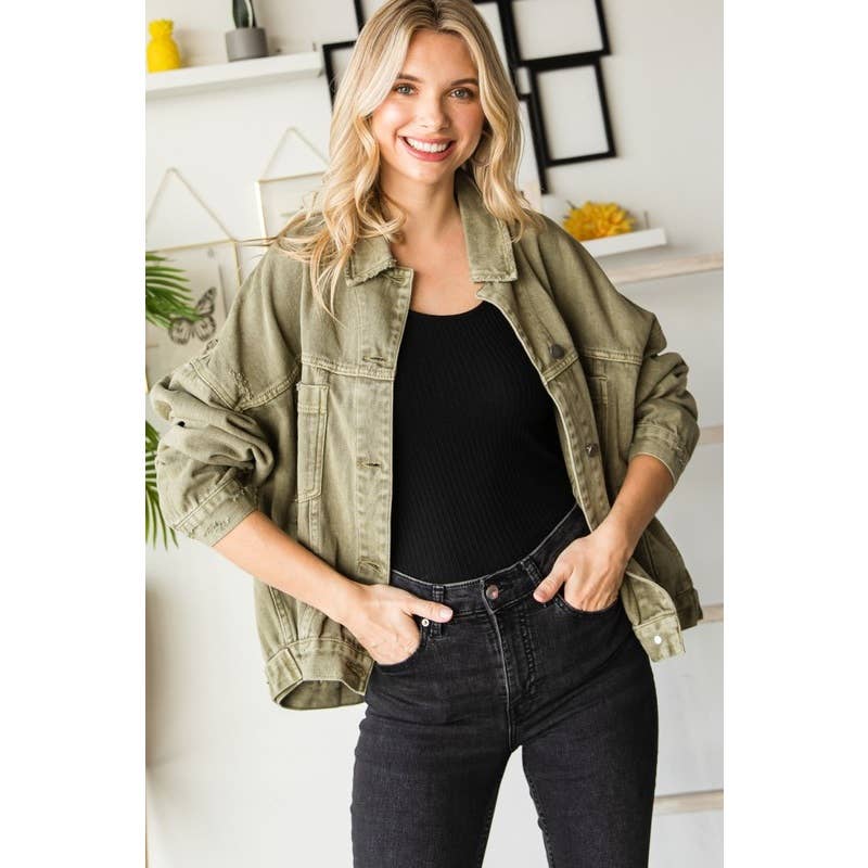 Plus Size Oversize Pleated Back Color Denim Jacket