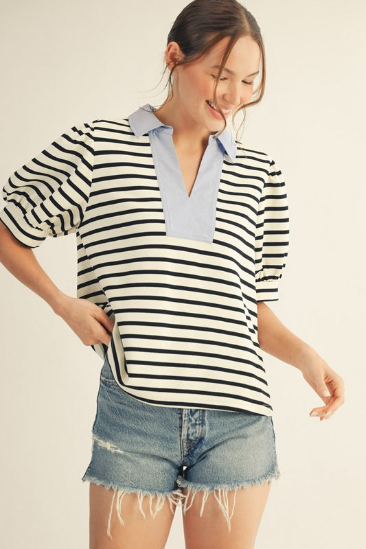Black Stripe Solid Contrast Detail Stripe Top