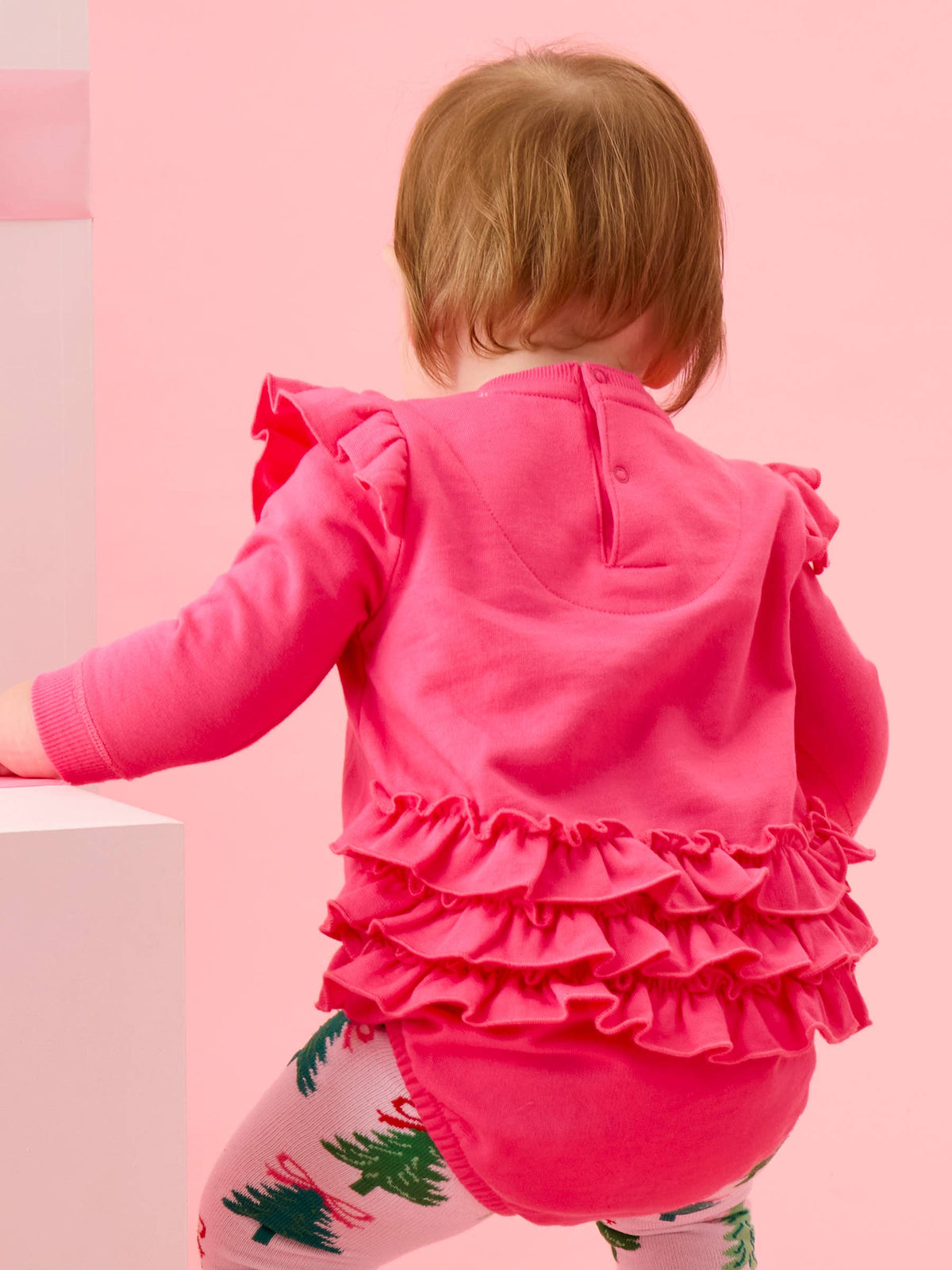 Baby Girls Christmas Tree Hot Pink Bow Applique Sweatshirt Bubble Romper with Signature Rear Ruffles