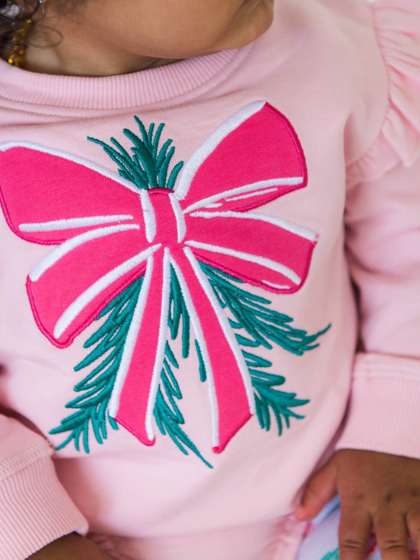 Baby Girls Pink Mistletoe Bow Applique Sweatshirt Bubble Romper