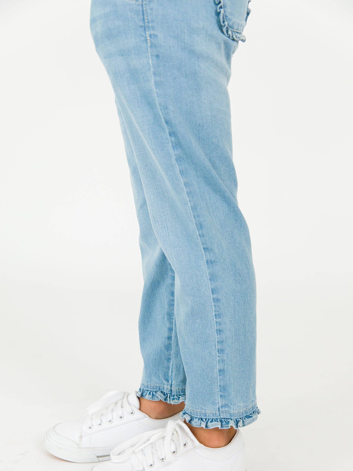 Girls Light Wash Stretch Denim Ruffle Straight Jeans