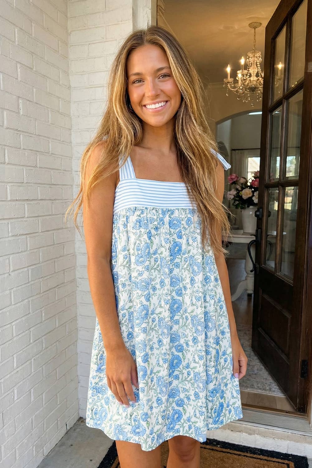 Floral Stripe Patchwork Bow Knot Strap Dress