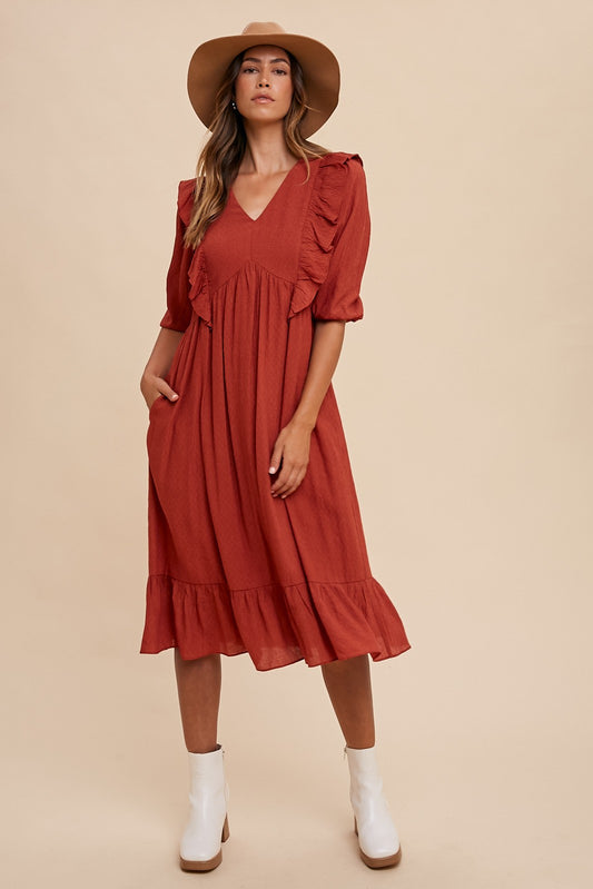 Rust Tencel Ruffle Detail Babydoll Woven Midi Dress