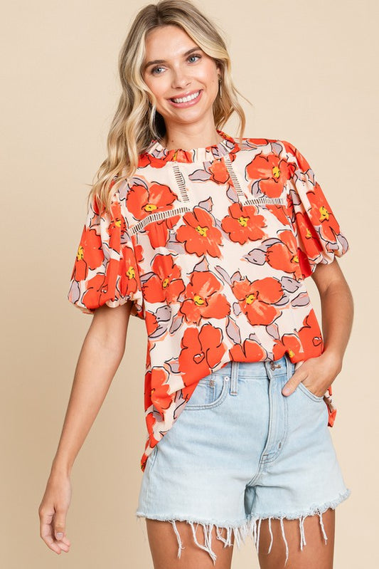 Flower Print Puffed Sleeves Top