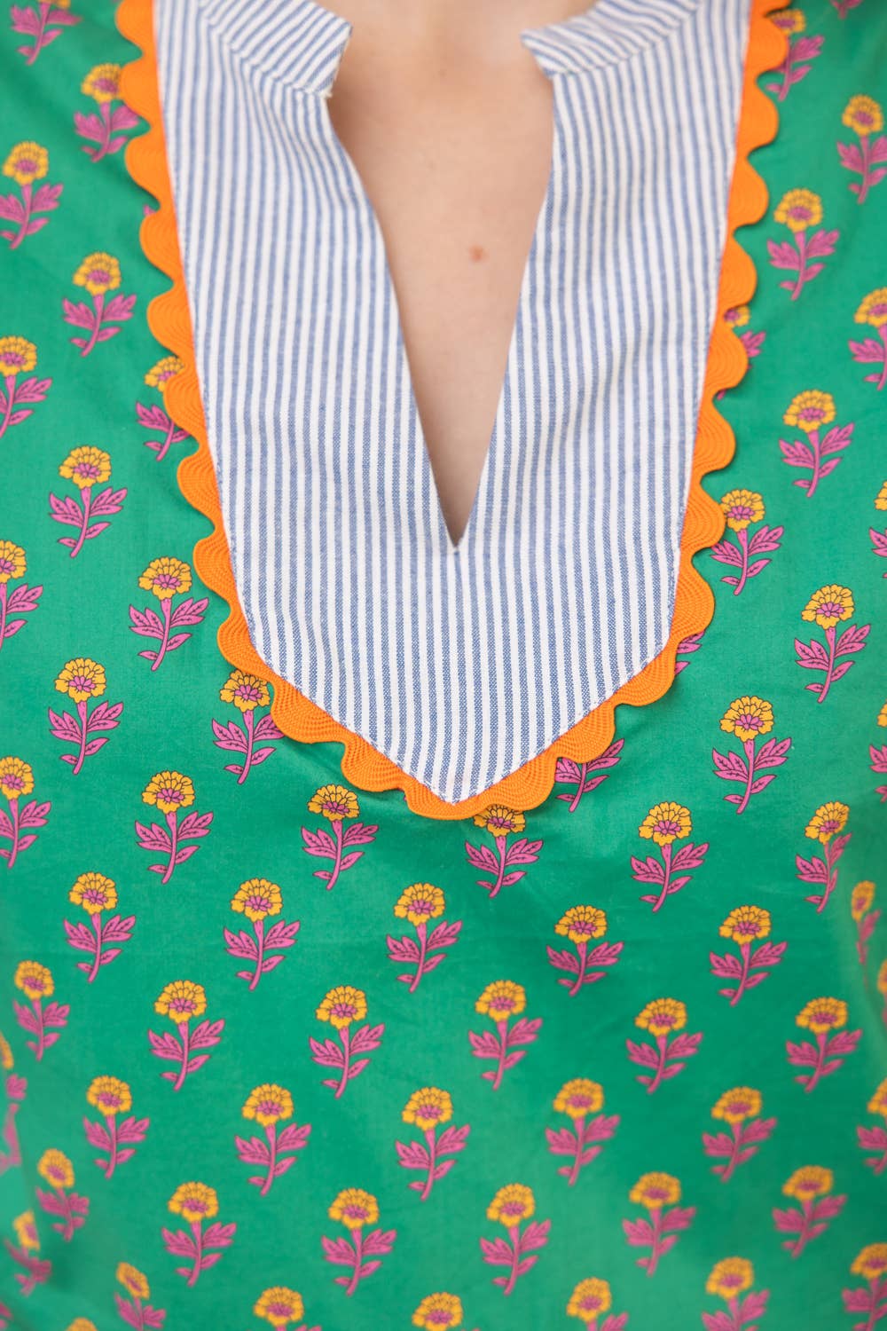 Wavy Trim Striped Yoke Print Top