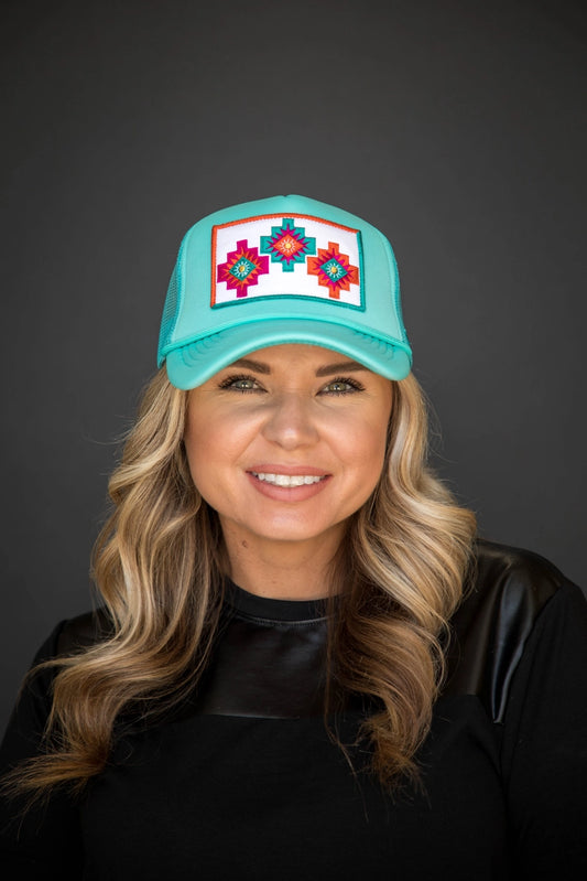 Turquoise Trucker Cap with 3 Aztec Symbol Embroidered Patch