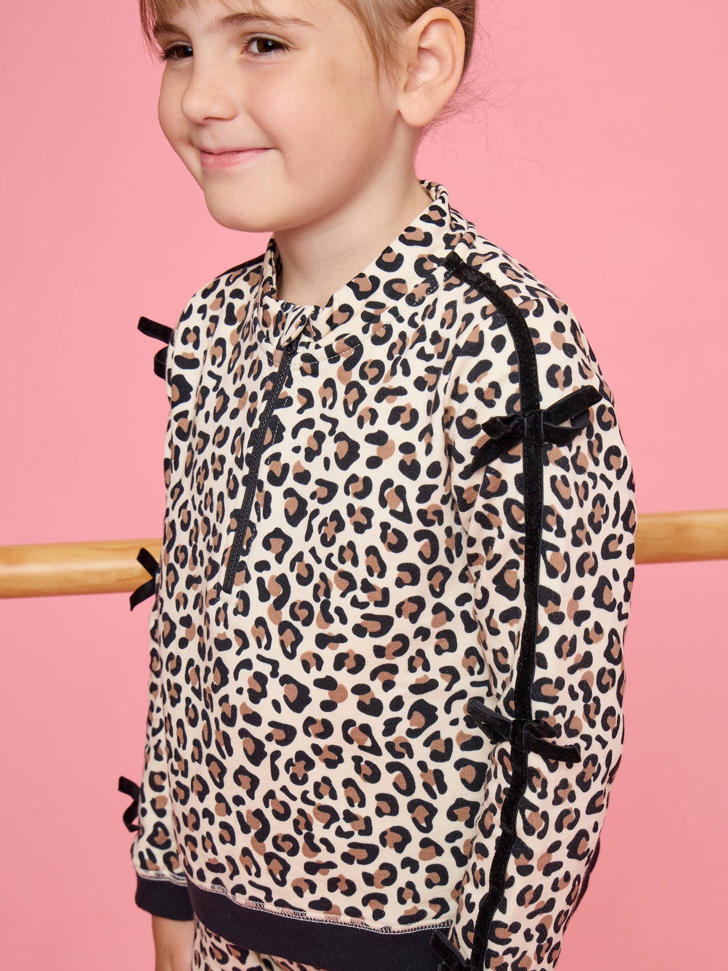 Girls Classic Leopard Fleece Bow Quarter Zip & Shorts Set
