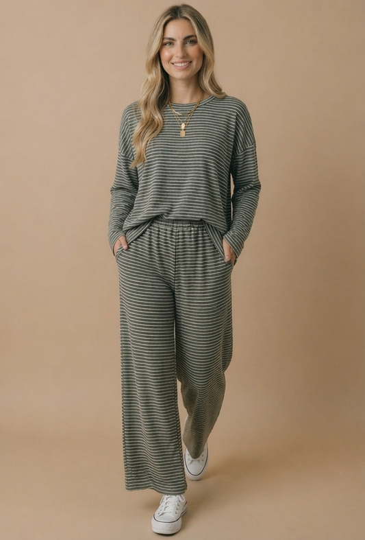 Stripe Elastic Waist With Side Pockets Pants