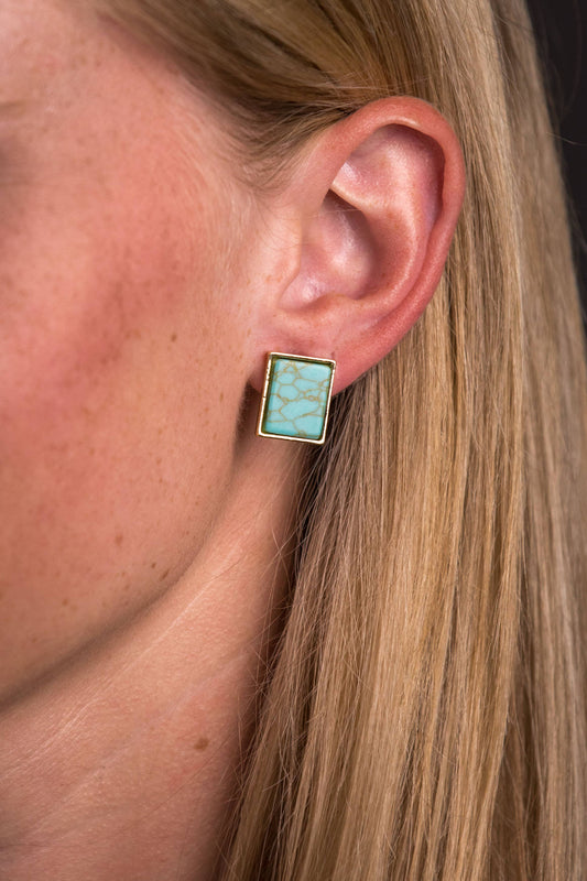Gold Rectangular Turquoise Stud Earrings
