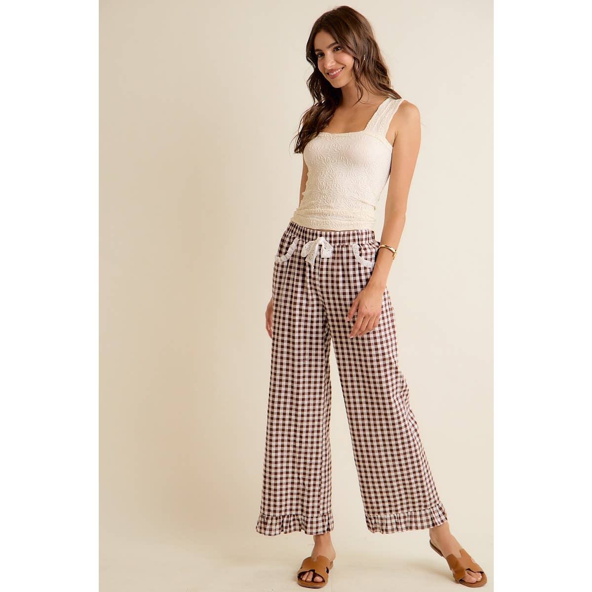 GINGHAM LACE RUFFLED PULL ON PANTS