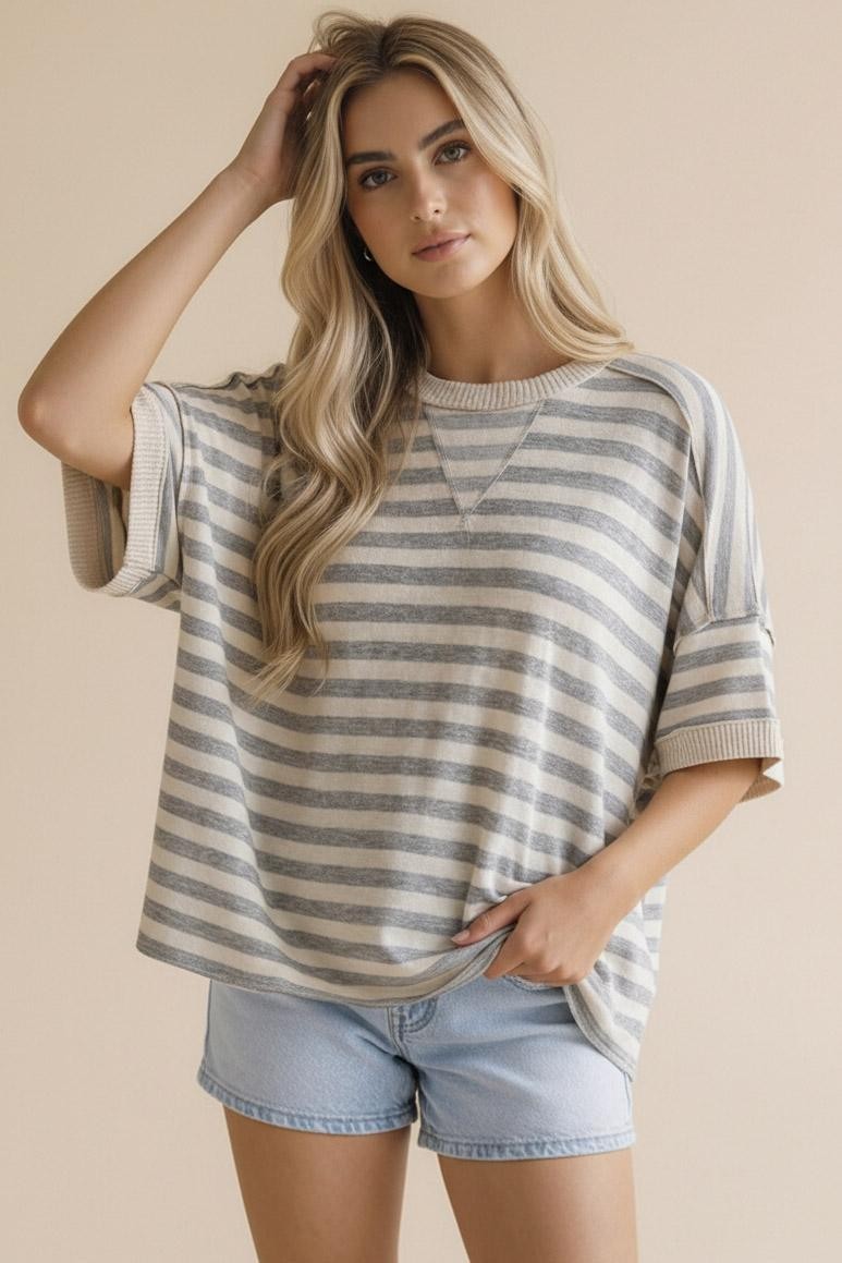 Crew Neck Loose Fit Stripe Pullover Knit Top