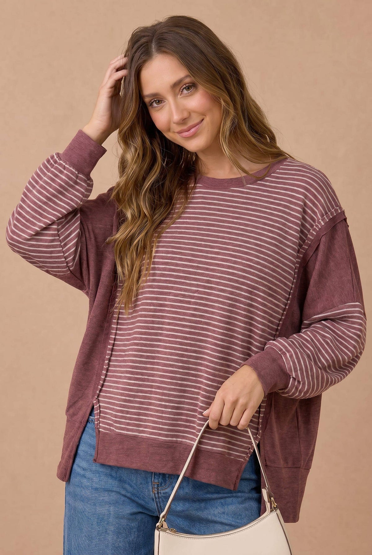 Drop Shoulder Stripe Color Block Pullover Top
