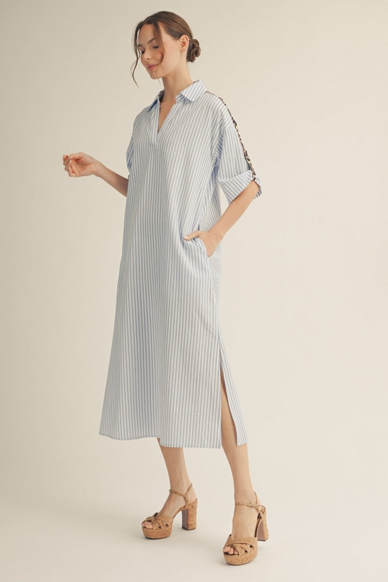 Roll Up Sleeves Stripe Midi Shirt Dress