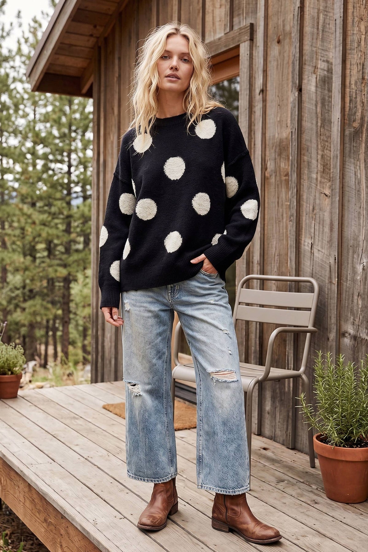 Oversized Textured Polka Dot Knit Sweater