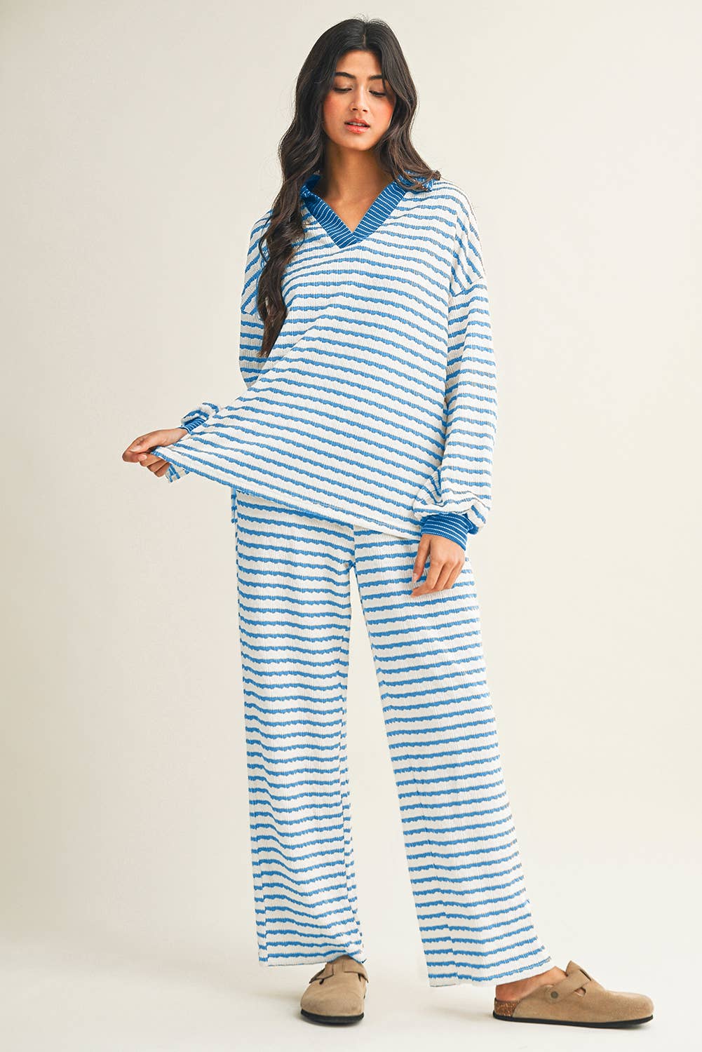 Stripe Collared Pullover Top and Drawstring Pant Set