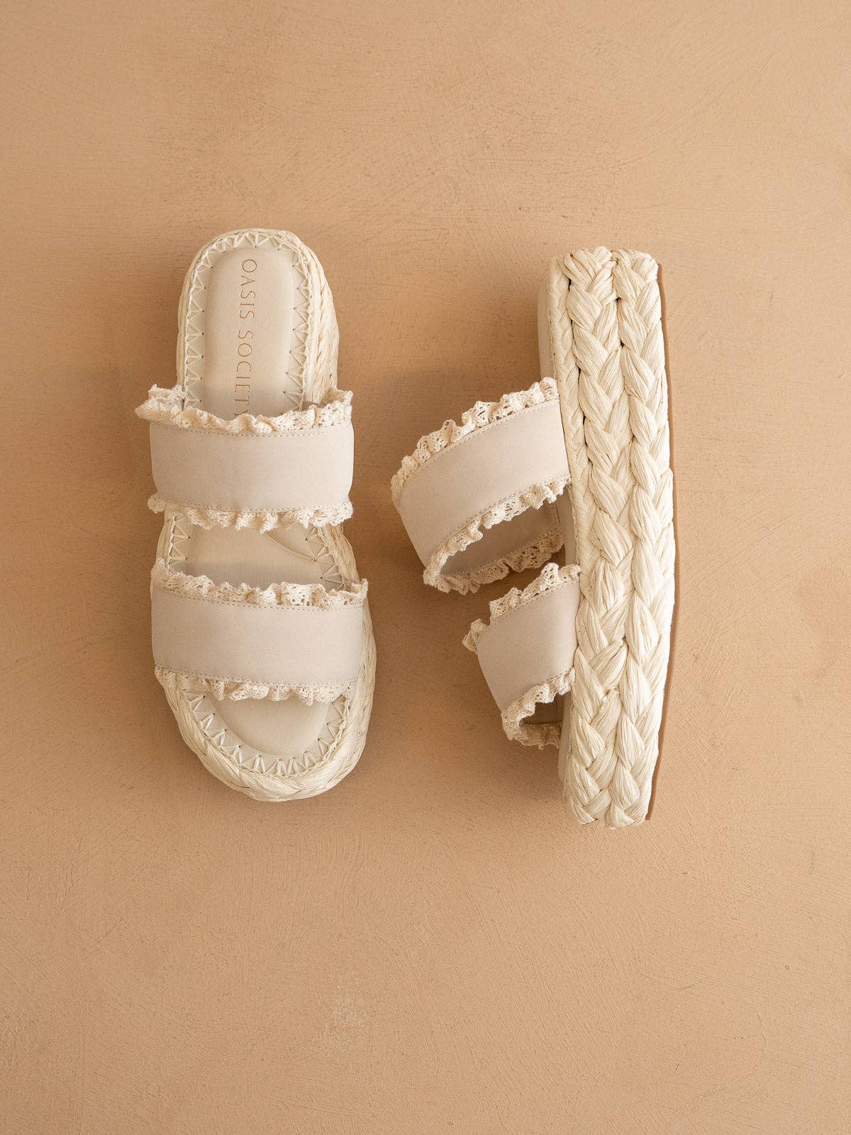 The Polly | Cream Ruffle Strap Raffia Platform Slide Sandal