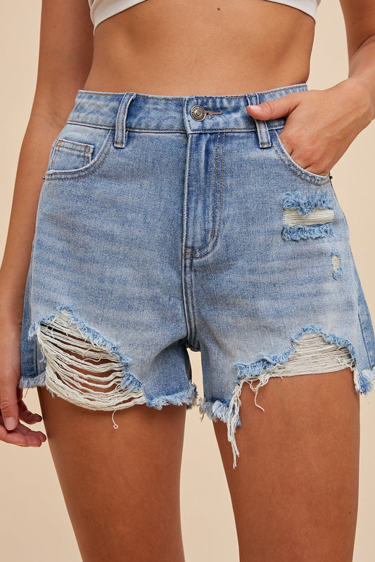 High Rise Distressed Rigid Denim Shorts