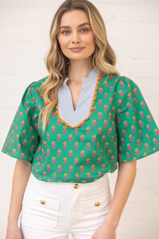 Wavy Trim Striped Yoke Print Top