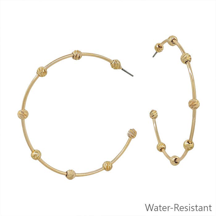 Water Resistant Gold Bar with Gold Textured Ball 2" Hoop Earring
