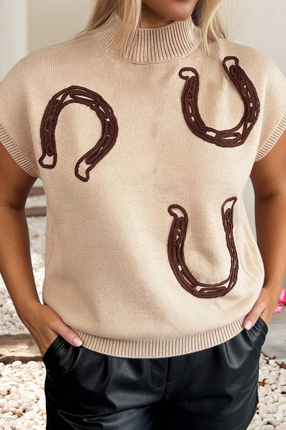 Western Print Short Sleeve Stand Mock Neck Knit Sweater