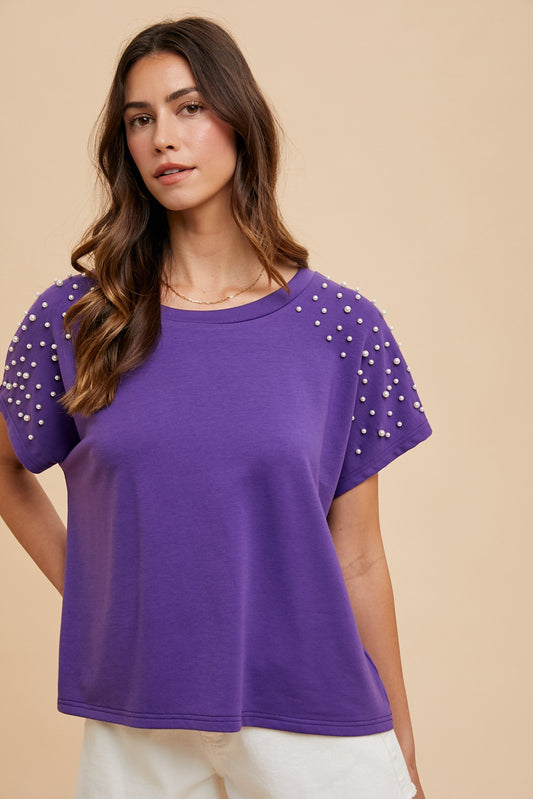 Game Day Pearl Embellished Dolman Sleeve Knit Top