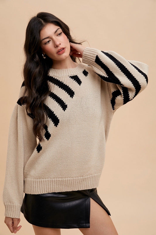 Bias Stripe Panel Volume Sleeve Sweater Top