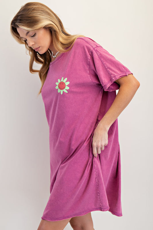 Silk Screen Floral Print Washed Tunic Dress