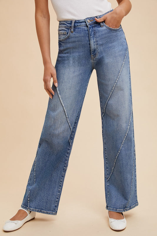 Stretch High Rise Decorative Seams Wide Leg Jeans