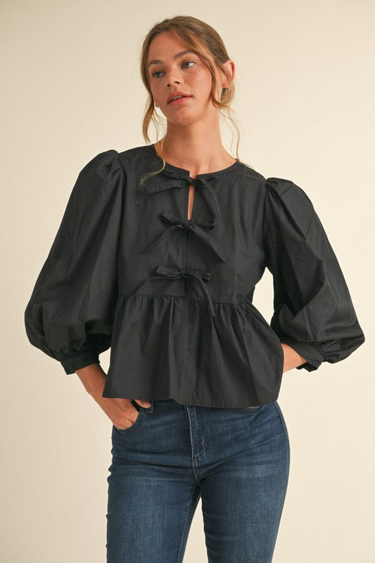 Black Bow Ties Peplum 3/4 Sleeves Top