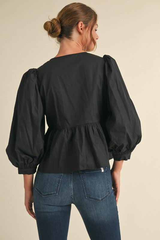 Black Bow Ties Peplum 3/4 Sleeves Top