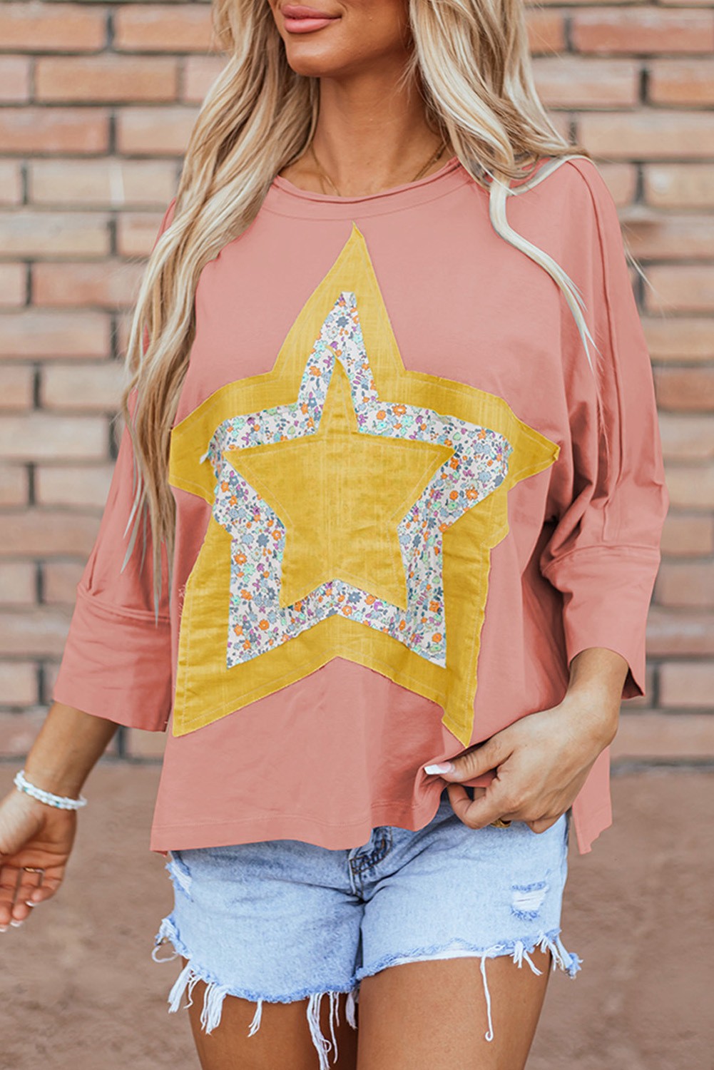 Pink Floral Star Exposed Seam Mineral Wash Top