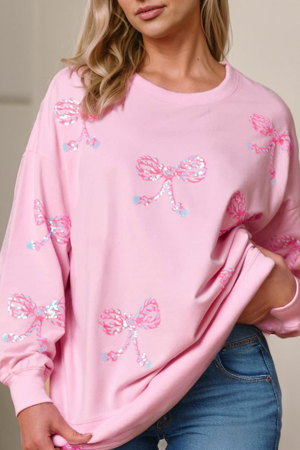 Bow Graphic Round Neck Drop Sleeve Sweatshirt