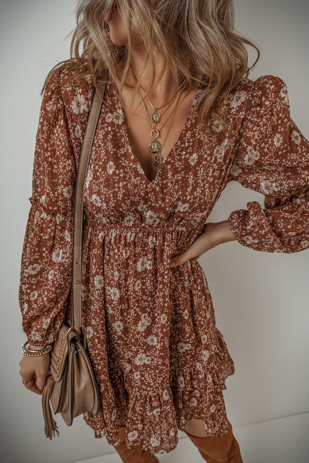 Boho Floral Ruffle Puff Sleeve V Neck Dress