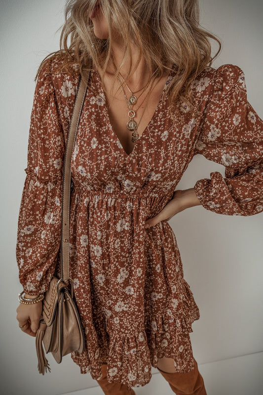 Boho Floral Ruffle Puff Sleeve V Neck Dress