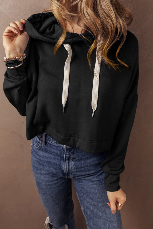 Drop Shoulder Drawstring Cropped Hoodie Non