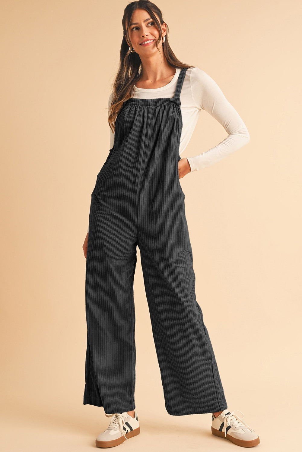 Plain Pocketed Loose Fit Corduroy Overalls