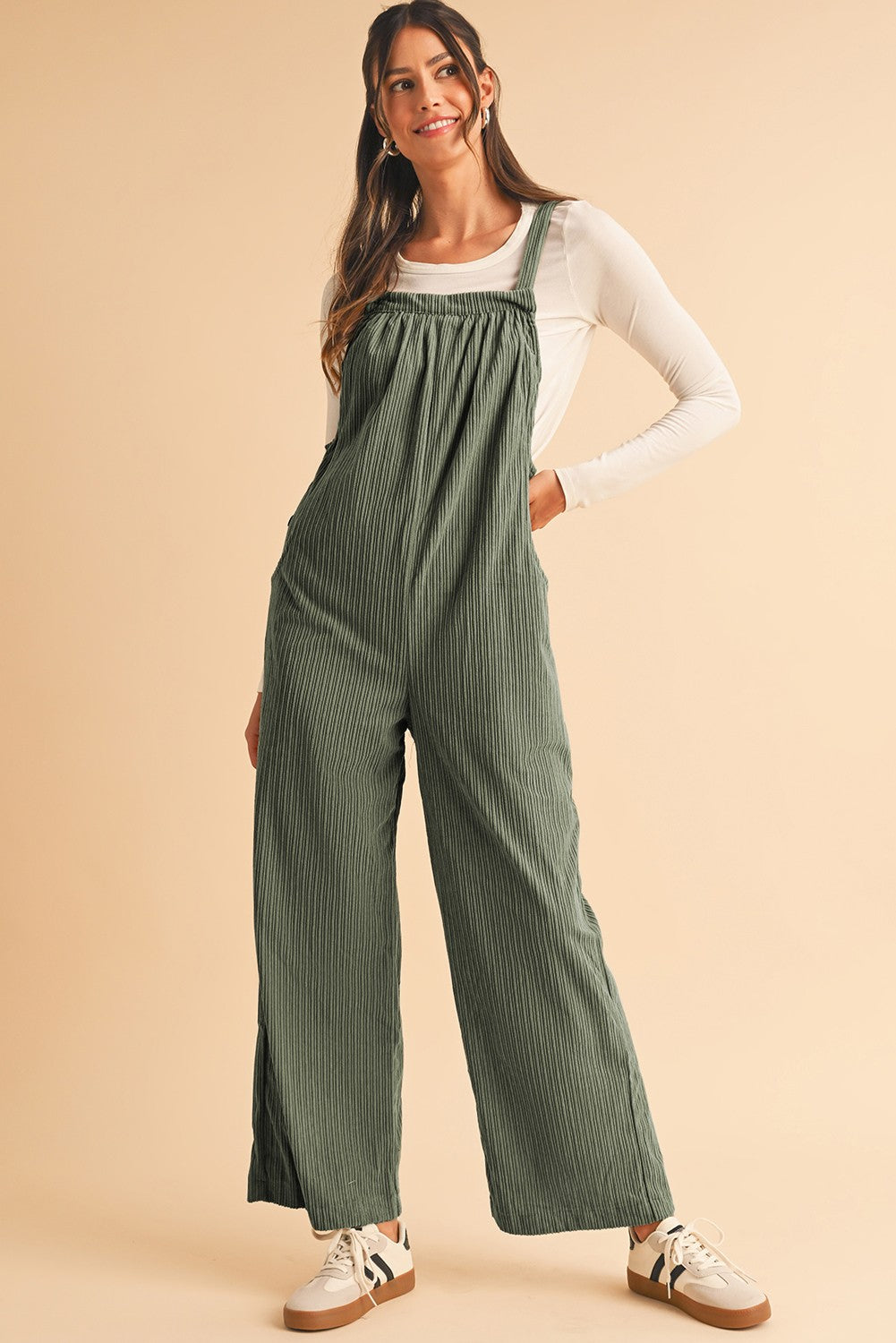 Plain Pocketed Loose Fit Corduroy Overalls