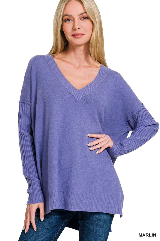 VISCOSE RIBBED HEM & SLEEVE V-NECK SWEATER