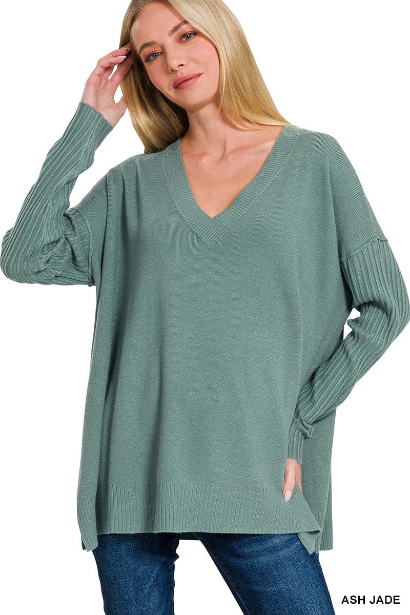 VISCOSE RIBBED HEM & SLEEVE V-NECK SWEATER