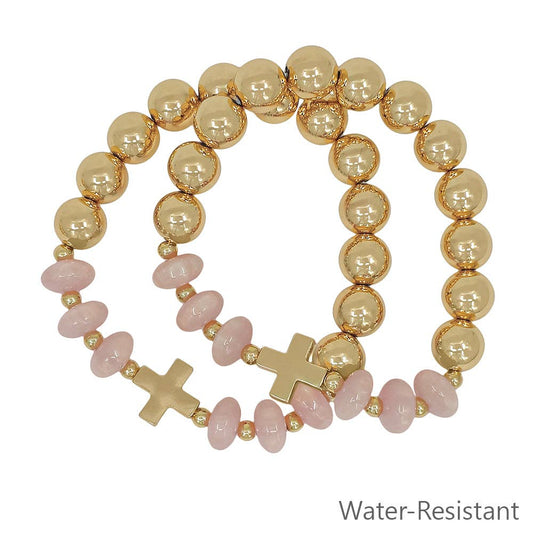 Set of 2 Gold Beaded with Pink Crystals and Gold Cross Stretch Bracelets
