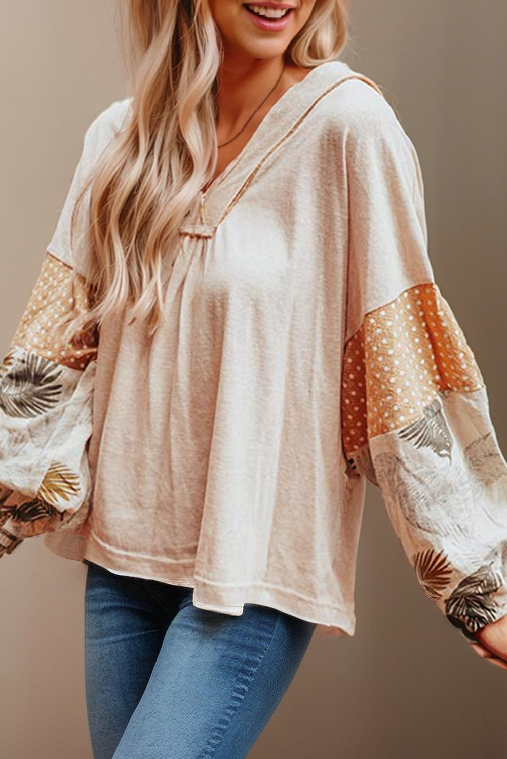 Palm Polka Dot Patchwork V Neck Loose Top