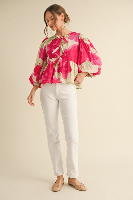 Hot Pink Print Bow Ties Peplum Top