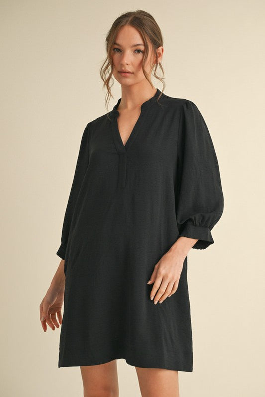 Black Solid 3/4 Peasant Sleeves Dress