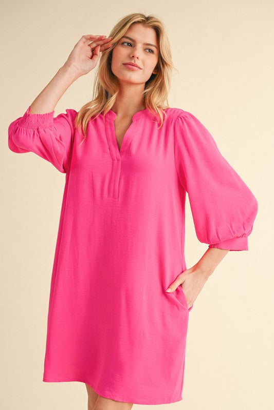 Pink Solid 3/4 Peasant Sleeves Dress