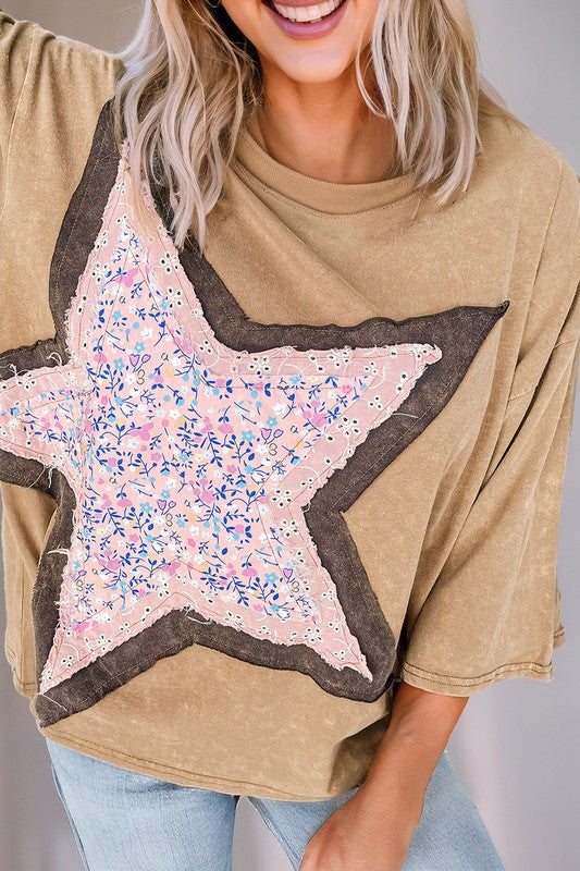 Floral Star Shape Patchwork 3/4 Sleeve T Shirt