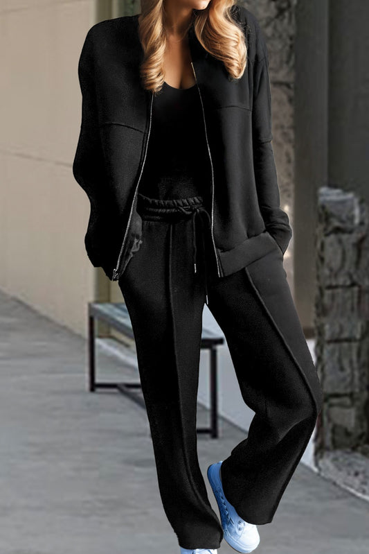 Black Seamed Zipper Jacket & Drawstring Waist Pants Set